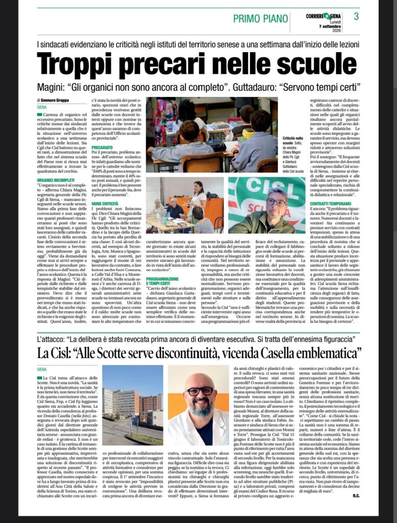 Riapertura dell’anno scolastico: Cisl Scuola Siena ribadisce la necessità di programmazione, stabilità e organici adeguati